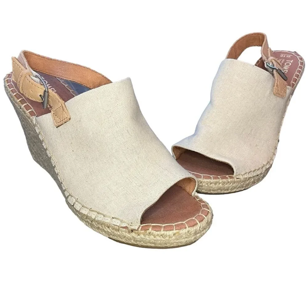 Tom's Monica Wedge Espadrille Adjustable Strap Creme Color Open Toe Size 10